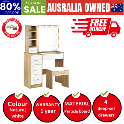 Dressing Table Stool Set Slide Mirror Drawer 10 LED Bulbs Natural White