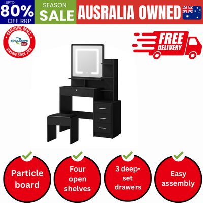 Dressing Table Stool Set Makeup Mirror LED Light Storage Cabinet Black