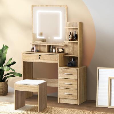 Dressing Table Stool Set Makeup Mirror LED Light Storage Cabinet Oak