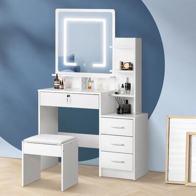 Dressing Table Stool Set Makeup Mirror LED Light Storage Cabinet White