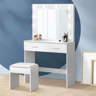 Dressing Table Stool Set Makeup Mirror Storage Desk 10 LED Bulbs White