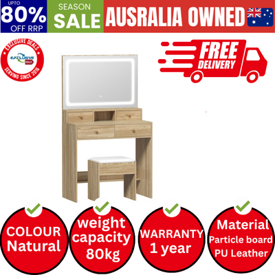 Dressing Table Stool Set LED Mirror Vanity Desk with Drawers Natural