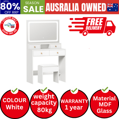 Dressing Table Stool Set LED Mirror Vanity Desk with Drawers White