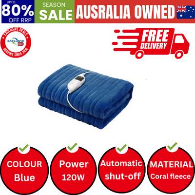 Electric Heated Blanket Washable Throw Rug Coral Fleece Blue