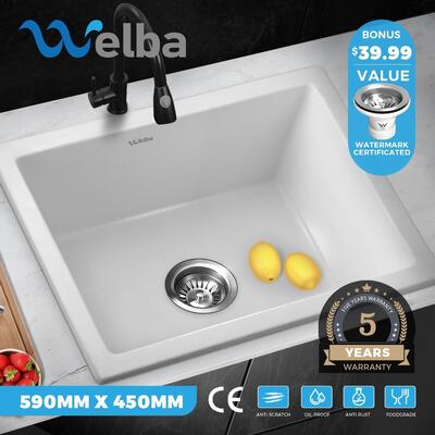 Kitchen Sink Basin Stone Sink Bathroom Laundry Single Bowl 590mmx450mm WH