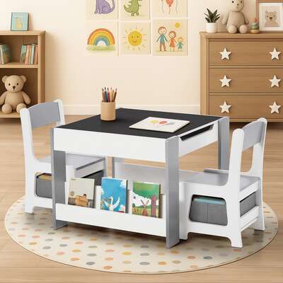 Kids Chalkboard Table Chairs Set Storage | EXTG