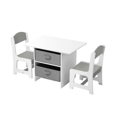 Kids Table and Chair Set with Storage Bins White Grey