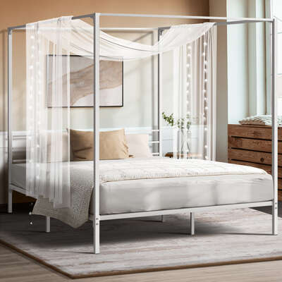 Metal Canopy Bed Frame Double White | EXTG