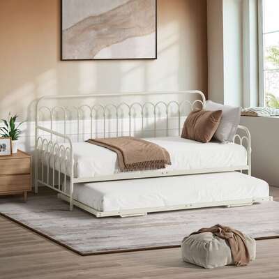 Trundle Bed Frame Daybed Single Size Metal Base in Beige for Bedroom Use