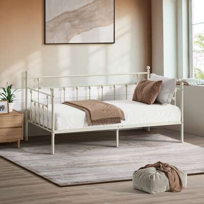 Metal Daybed Frame Single Size Steel Slat Sofa Bed Beige