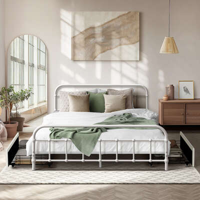 Metal Bed Frame Double Storage Drawers White | EXTG