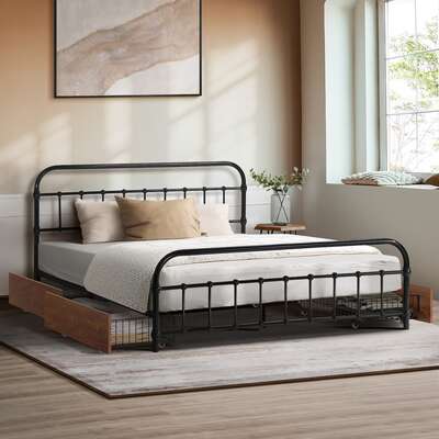 Metal Bed Frame Queen Size Bed Base with 4 Drawers Black
