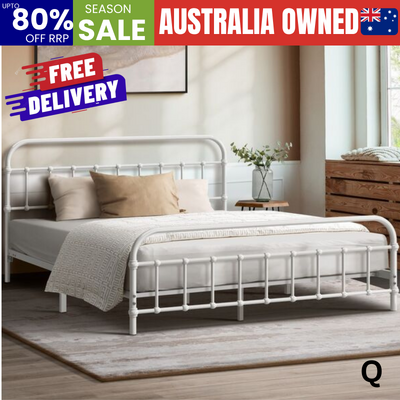 Bed Frame Metal Bed Base Queen Size Bed Platform White