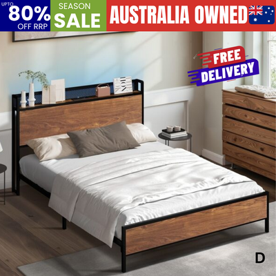 Metal Bed Frame Double LED Light USB Charge Storage Headboard