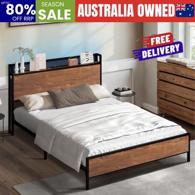 Metal Bed Frame King LED Light USB Charge Storage Headboard