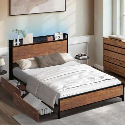 Metal Bed Frame Queen LED Headboard 4 Storage Drawers USB