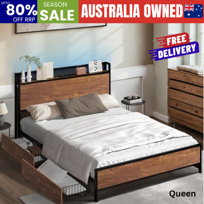 Metal Bed Frame Queen LED Headboard 4 Storage Drawers USB