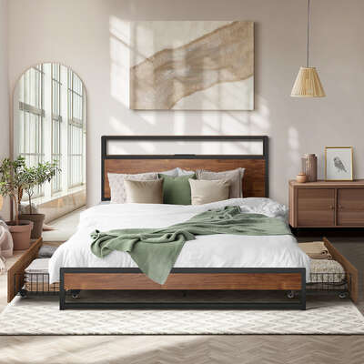 Double Bed Frame LED Headboard Storage Drawers USB | EXTG