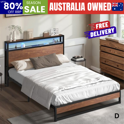 Metal Bed Frame Double LED Light Storage Headboard USB Charge