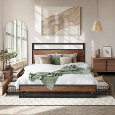 King Bed Frame LED Headboard Storage Drawers | EXTG