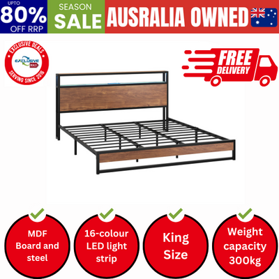 Metal Bed Frame King Size LED Storage Headboard USB Charge