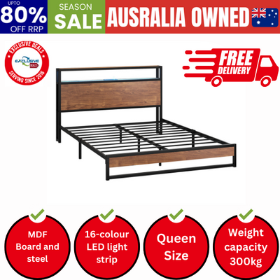 Metal Bed Frame Queen Size LED Storage Headboard USB Charge