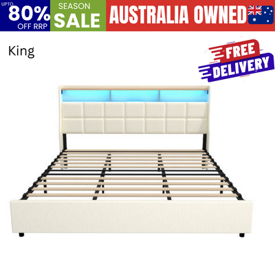 King Bed Frame with LED Storage Headboard Beige