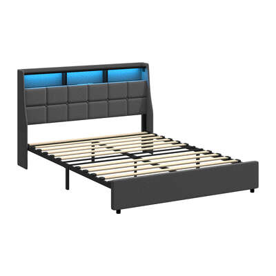 Queen Size Bed Frame With LED Storage Headboard And USB Charging Ports