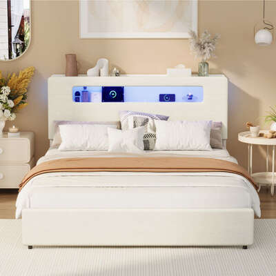 Queen Size Bed Frame With LED Lights USB Charging Headboard Bedroom Furniture
