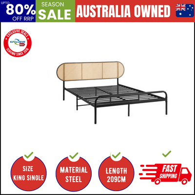 Bed Frame King Single Size Metal Base Platform with Rattan Headboard