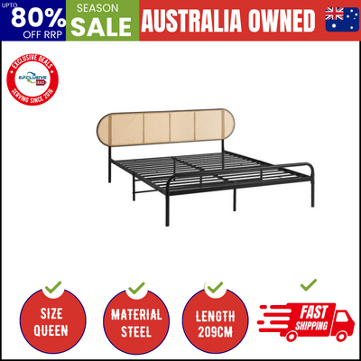 Bed Frame Queen Size Metal Base Platform with Rattan Headboard