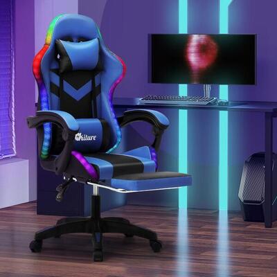 Gaming Chair with Massage and 135° Recline, PU Leather, Adjustable, Black & Blue