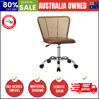 Rattan Office Chair PU Leather Seat Dark Brown