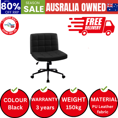 Mid Back Armless Office Desk Chair Wide Seat PU Leather Black w/Wheels