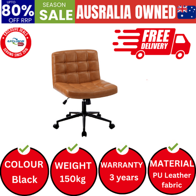 Mid Back Armless Office Desk Chair Wide Seat PU Leather Brown w/Wheels