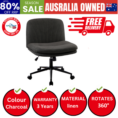Mid Back Armless Office Desk Chair Wide Seat Linen with Wheels Charcoal