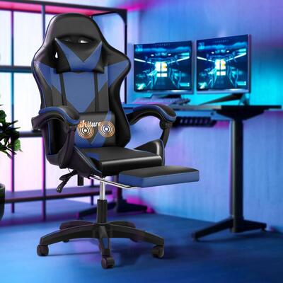  Home Gaming Chair Executive Computer Desk Chair with Footrest and Lumbar Pillow Massage Office Chair Black and Blue