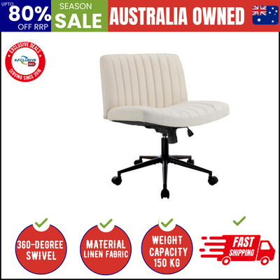 Mid Back Office Chair Wide Seat with Wheels Linen Beige