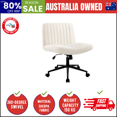 Mid Back Armless Office Desk Chair Wide Seat with Wheels Sherpa White