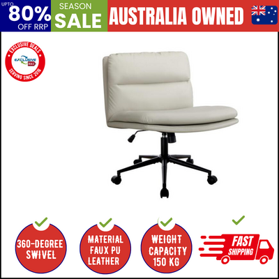 Mid Back Office Chair Wide Seat Leather Beige with Wheels