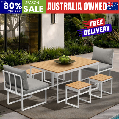 6 Seater Outdoor Dining Set Sofa Lounge Patio Ottoman White