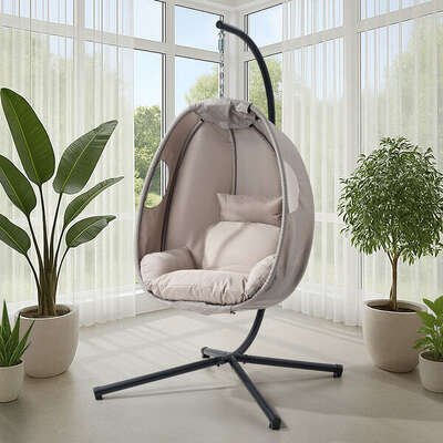 Outdoor Egg Hanging Chair Swing Seat with Stand Cushions Grey