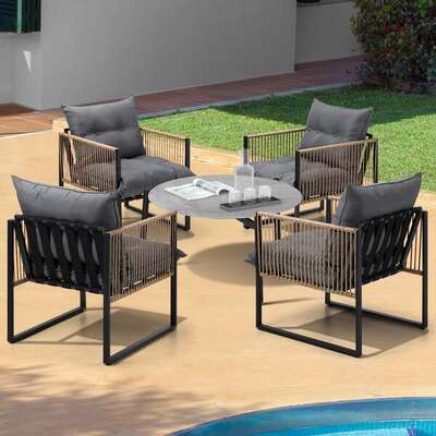 5PCS Outdoor Patio Set with 70cm Grey Coffee Table & Rattan Chairs Garden