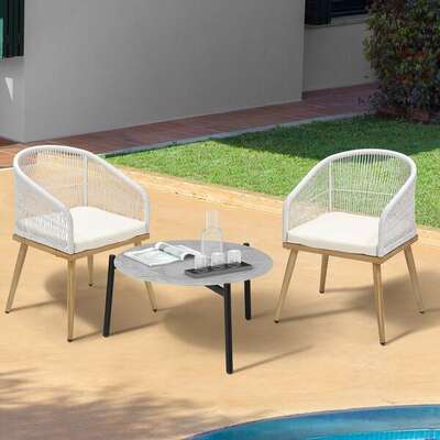 3 Piece Outdoor Patio Set 70cm Table Polyester Chair Rope