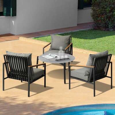 4PCS Outdoor Lounge Set with Grey Chairs & 70cm Coffee Table for Patio Use