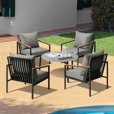 5PCS Outdoor Lounge Set Grey Rattan Chairs with 70cm Coffee Table Patio