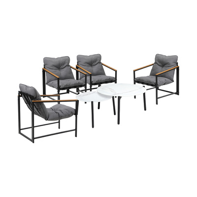 6PC Outdoor Patio Set Round White Marble Table Sets with Chairs