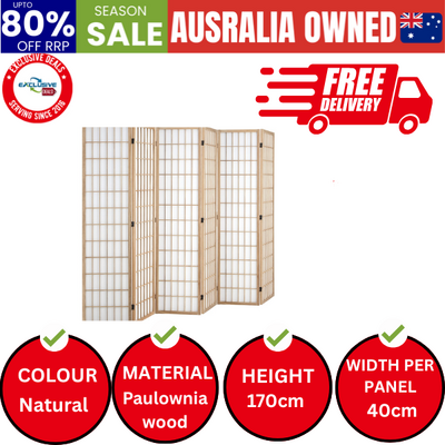 6 Panel Room Divider Timber Farbic Natural