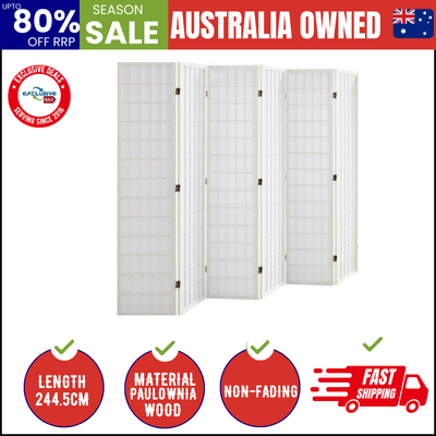 6 Panel Room Divider Timber Farbic White