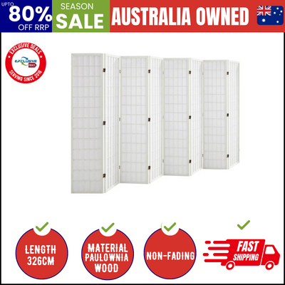 8 Panel Room Divider Timber Farbic White